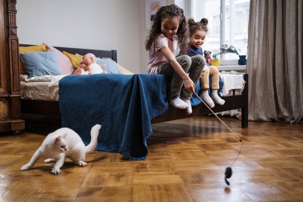 Two children playing with a white cat in a cozy bedroom setting, full of joy and laughter.